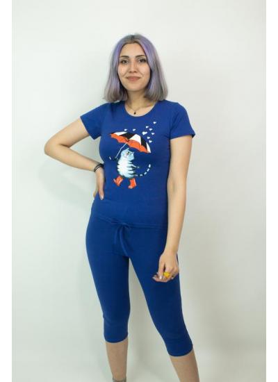 Kadın Teknur Baskılı Kapri T-Shirt Pijama Takımı Mavi