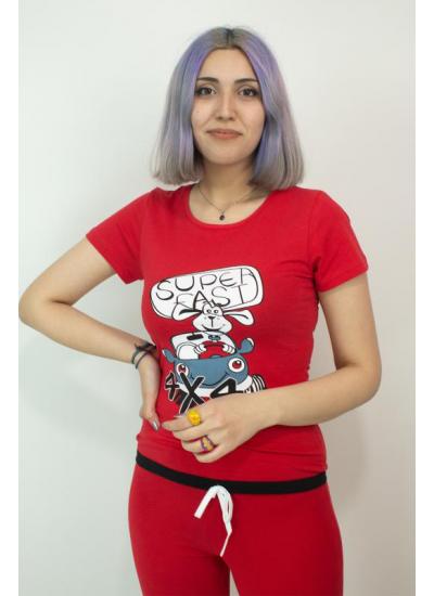 Kadın Teknur Baskılı Kapri T-Shirt Pijama Takımı Kırmızı