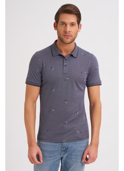 Çizgi Triko Erkek Slim Fit Polo Yaka Tişört Desenli Kolu Lastikli - Lacivert