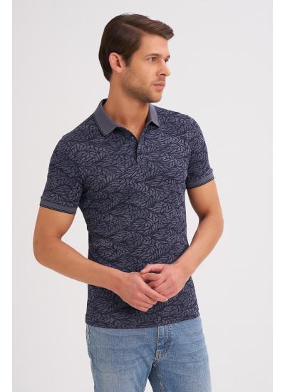 Çizgi Triko Erkek Slim Fit Polo Yaka Tişört Kolu Lastikli Desenli Günlük - Lacivert