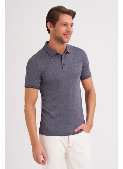 Çizgi Triko Erkek Slim Fit Polo Yaka Tişört Nokta Desenli Kolu Lastikli - Lacivert