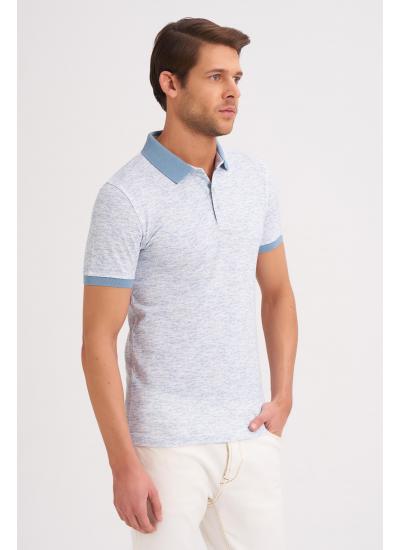 Çizgi Triko Erkek Tişört Slim Fit Polo Yaka Desenli Kolu Lastikli %100 Pamuk Kumaş - Beyaz