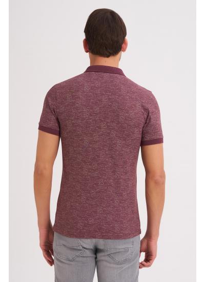 Çizgi Triko Erkek Tişört Slim Fit Polo Yaka Desenli Kolu Lastikli %100 Pamuk Kumaş - Mürdüm