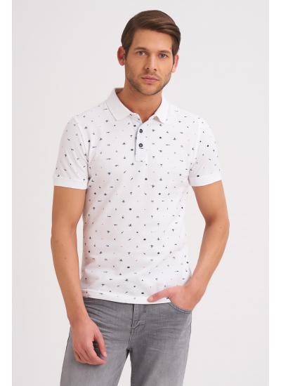 Çizgi Triko Erkek Tişört Slim Fit Polo Yaka Kolu Lastikli Desenli %100 Pamuk Kumaş - Beyaz