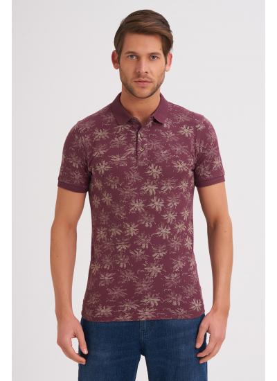 Çizgi Triko Erkek Tişört Slim Fit Polo Yaka Kolu Lastikli Desenli %100 Pamuk Kumaş - Mürdüm