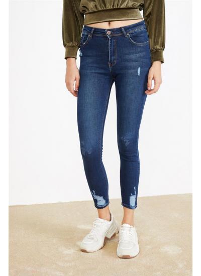 Kadın Mavi Eskitme Efektli Skinny Jeans