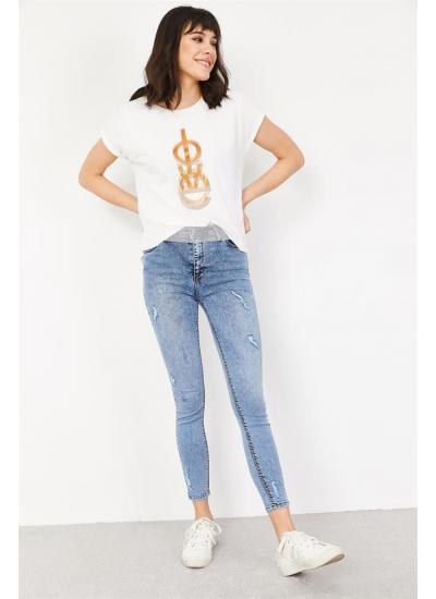 Kadın Mavi Yırtık Detaylı Skinny Jeans