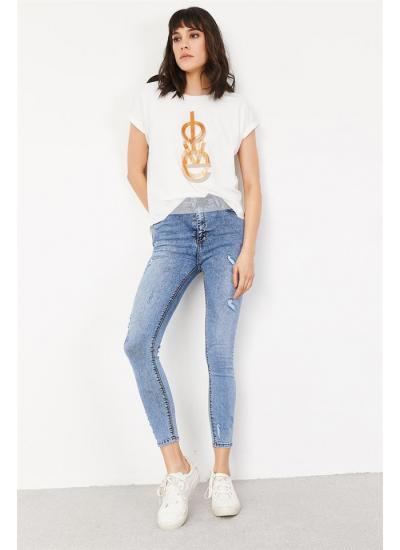 Kadın Mavi Yırtık Detaylı Skinny Jeans