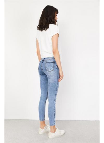 Kadın Mavi Yırtık Detaylı Skinny Jeans