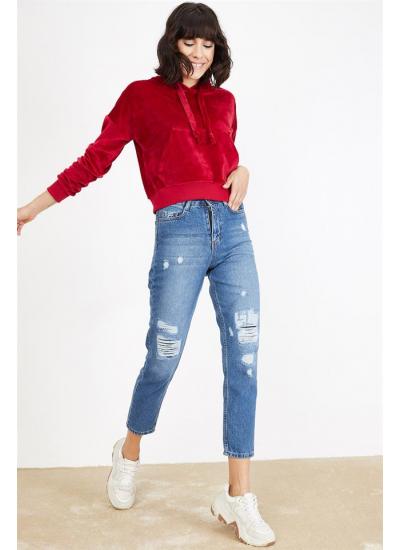 Kadın Mavi Yırtık Efektli Mom Jeans