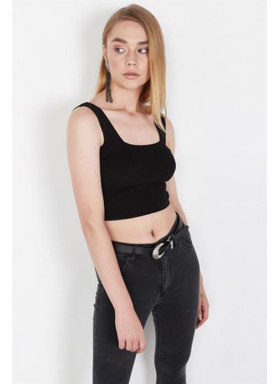 Kadın Siyah Kalın Askılı Triko Crop Top